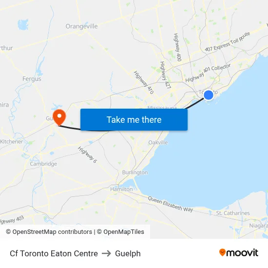 Cf Toronto Eaton Centre to Guelph map