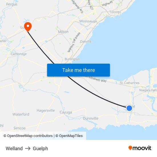 Welland to Guelph map