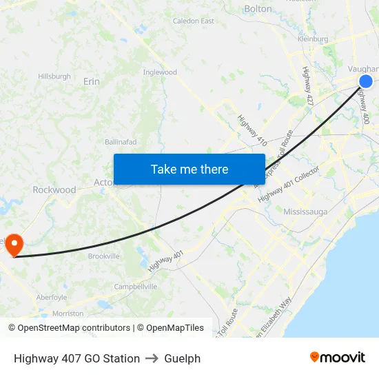Highway 407 GO Station to Guelph map