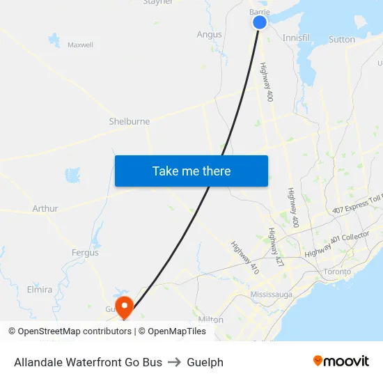 Allandale Waterfront Go Bus to Guelph map