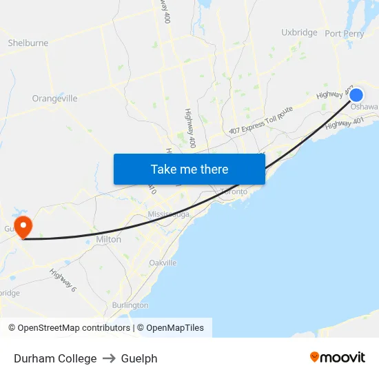 Durham College to Guelph map