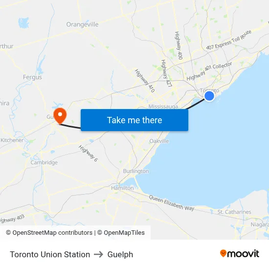 Toronto Union Station to Guelph map