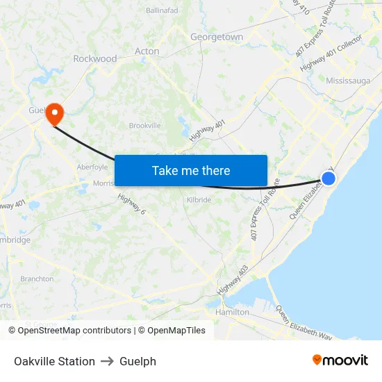 Oakville Station to Guelph map