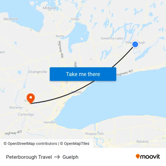Peterborough Travel to Guelph map