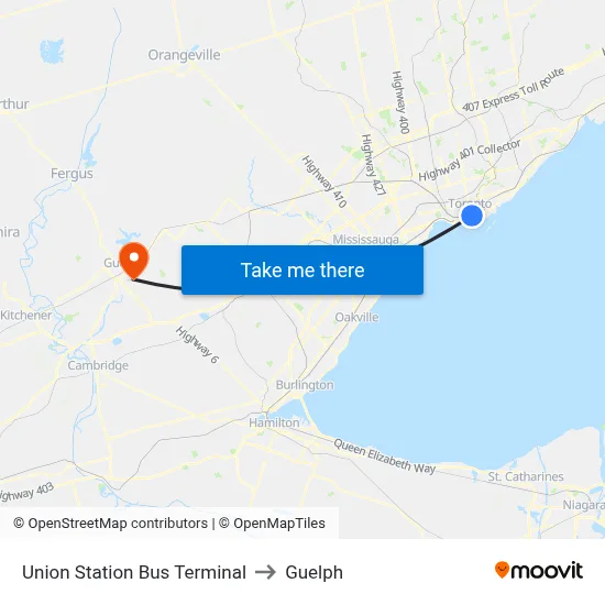 Union Station Bus Terminal to Guelph map