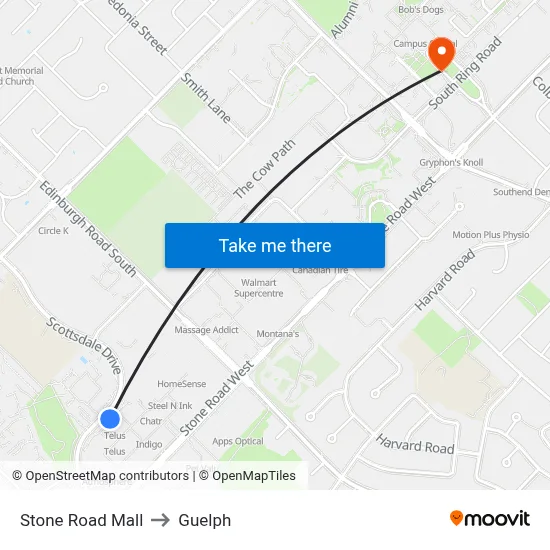Stone Road Mall to Guelph map