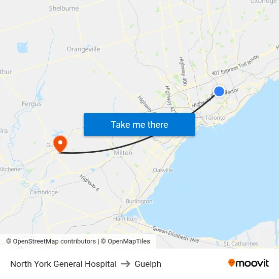 North York General Hospital to Guelph map