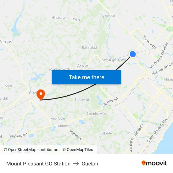 Mount Pleasant GO Station to Guelph map