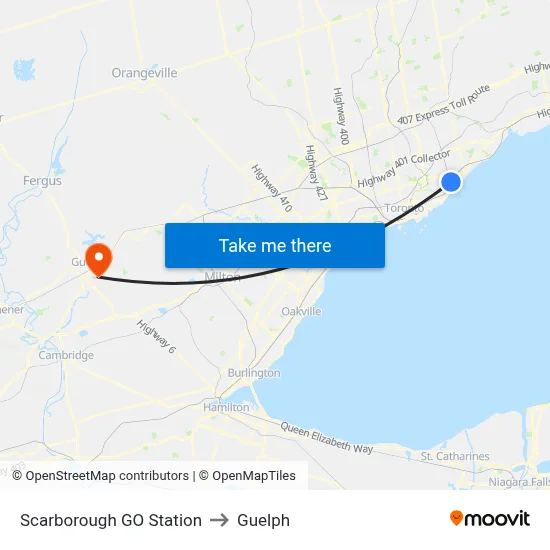 Scarborough GO Station to Guelph map