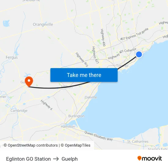 Eglinton GO Station to Guelph map