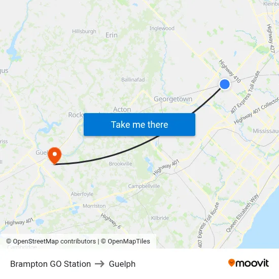 Brampton GO Station to Guelph map