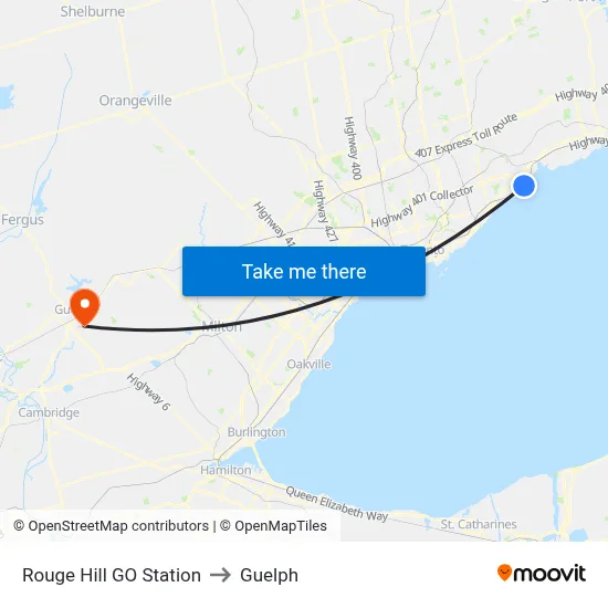 Rouge Hill GO Station to Guelph map