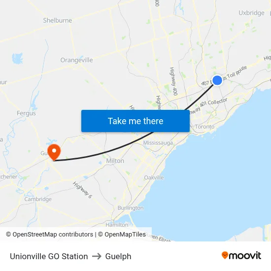 Unionville GO Station to Guelph map