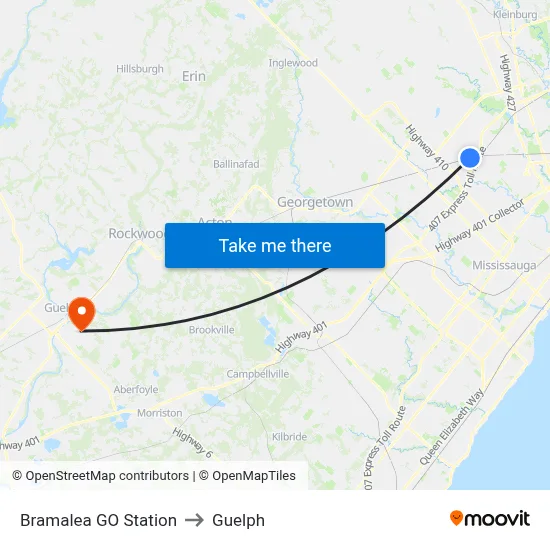 Bramalea GO Station to Guelph map