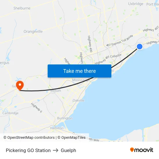 Pickering GO Station to Guelph map
