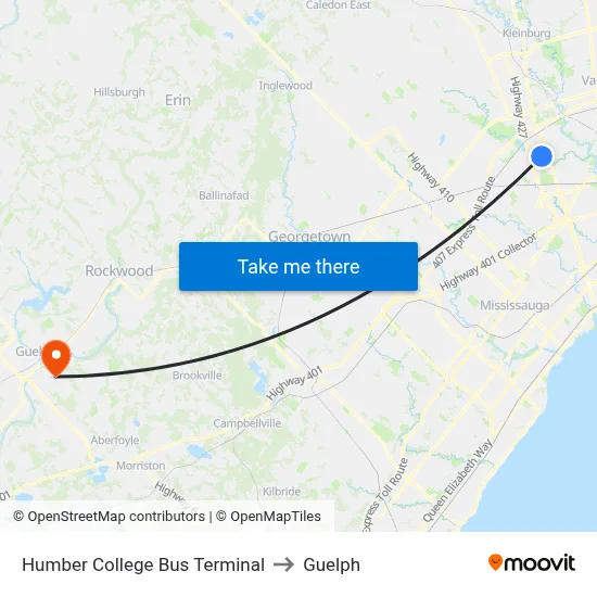 Humber College Bus Terminal to Guelph map