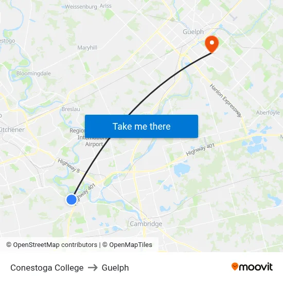 Conestoga College to Guelph map