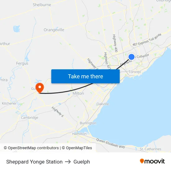 Sheppard Yonge Station to Guelph map