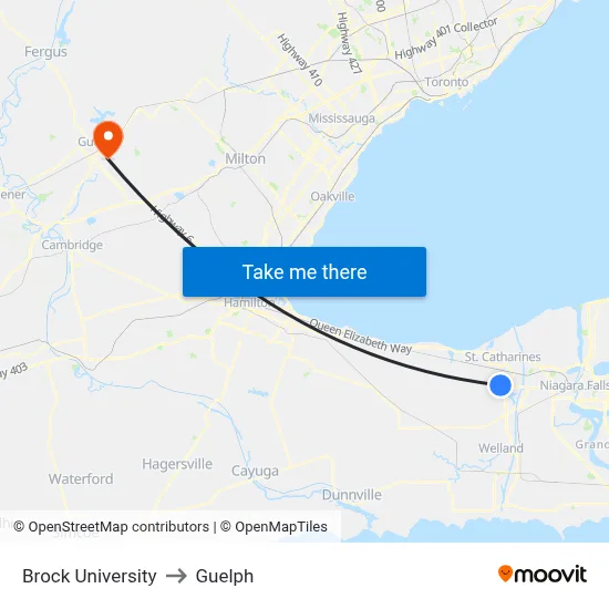 Brock University to Guelph map