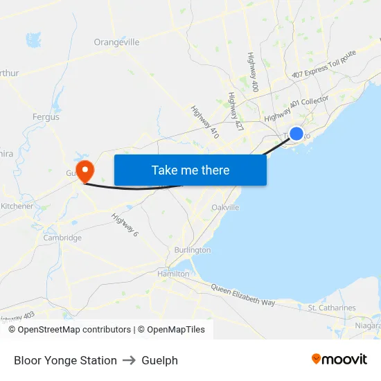 Bloor Yonge Station to Guelph map