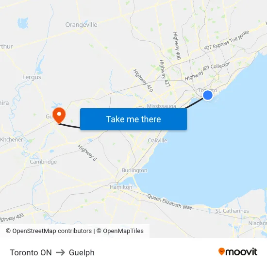 Toronto ON to Guelph map