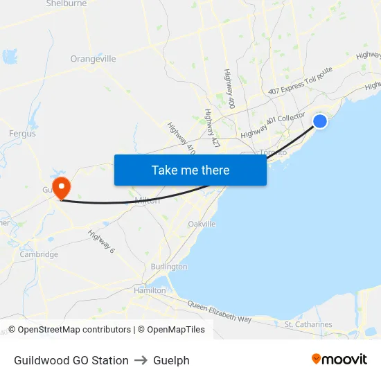Guildwood GO Station to Guelph map