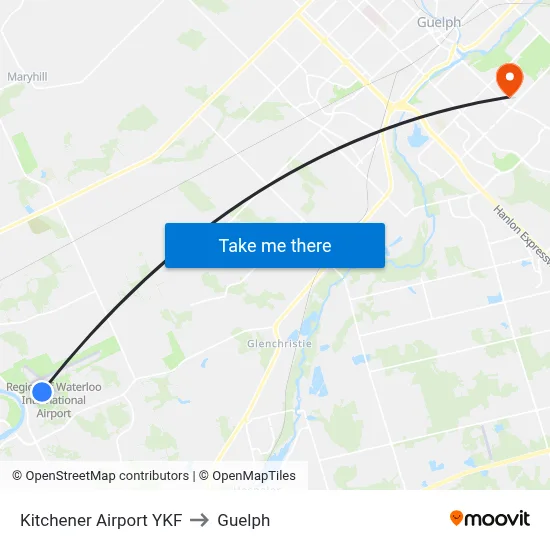 Kitchener Airport YKF to Guelph map