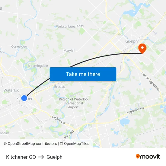 Kitchener GO to Guelph map