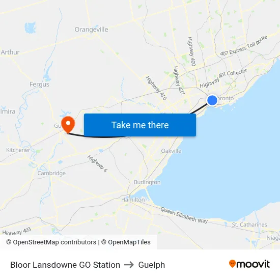 Bloor Lansdowne GO Station to Guelph map