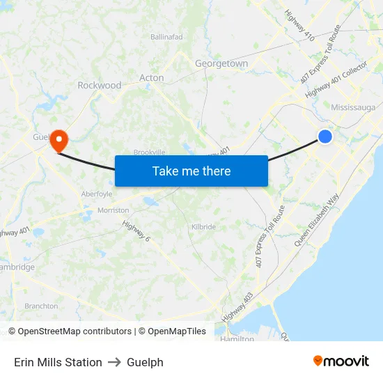 Erin Mills Station to Guelph map