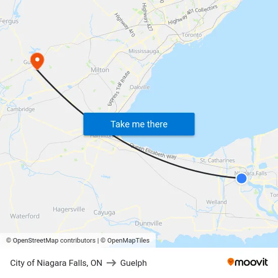 City of Niagara Falls, ON to Guelph map