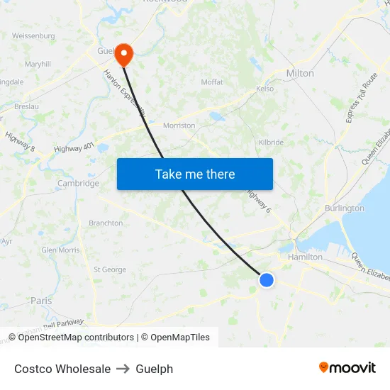 Costco Wholesale to Guelph map
