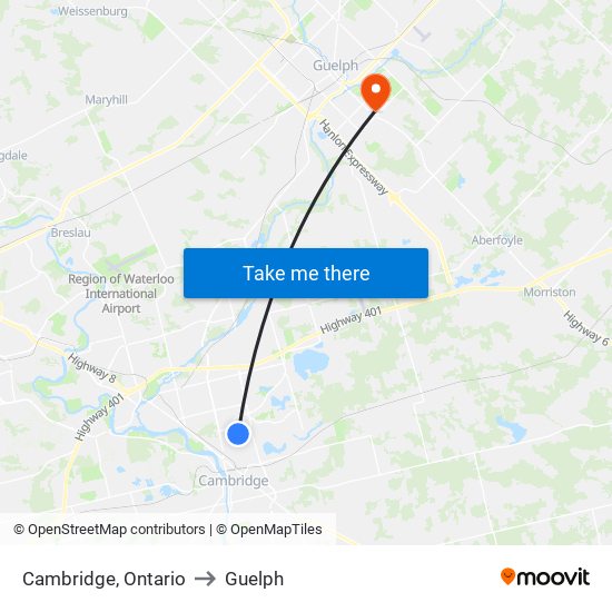 Cambridge, Ontario to Guelph map