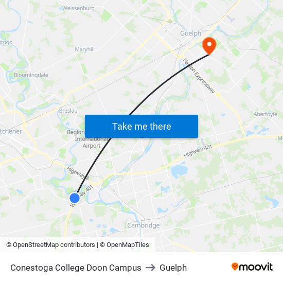 Conestoga College Doon Campus to Guelph map