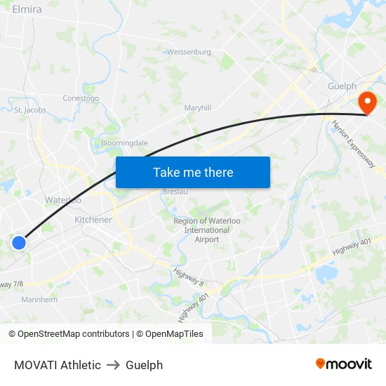 MOVATI Athletic to Guelph map