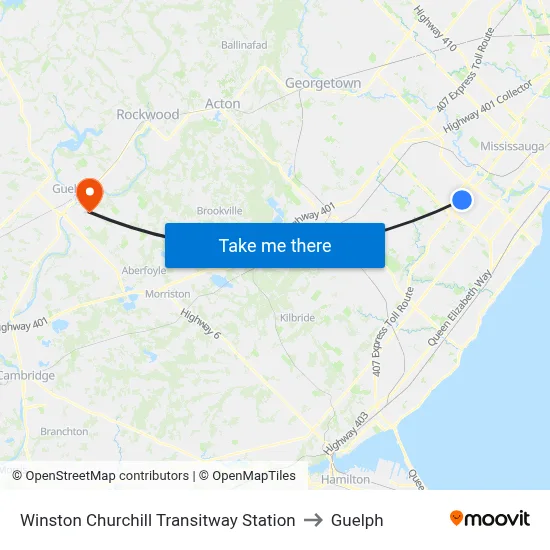 Winston Churchill Transitway Station to Guelph map