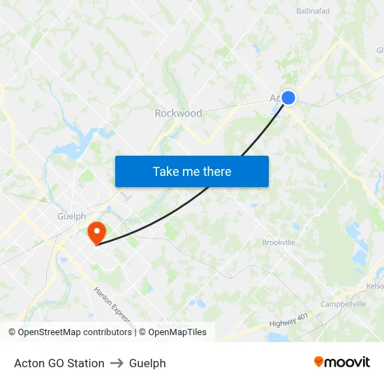 Acton GO Station to Guelph map