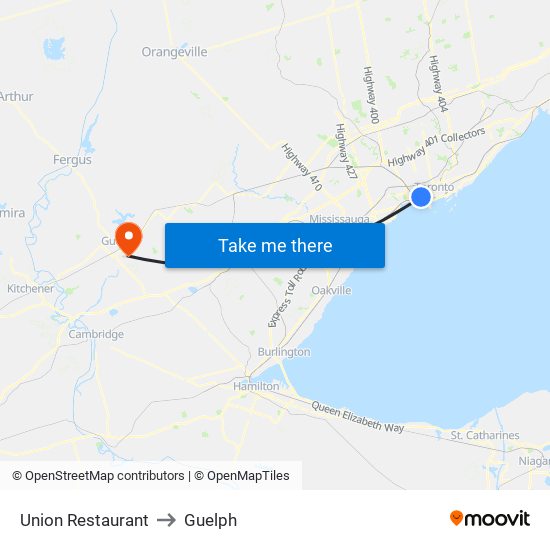 Union Restaurant to Guelph map