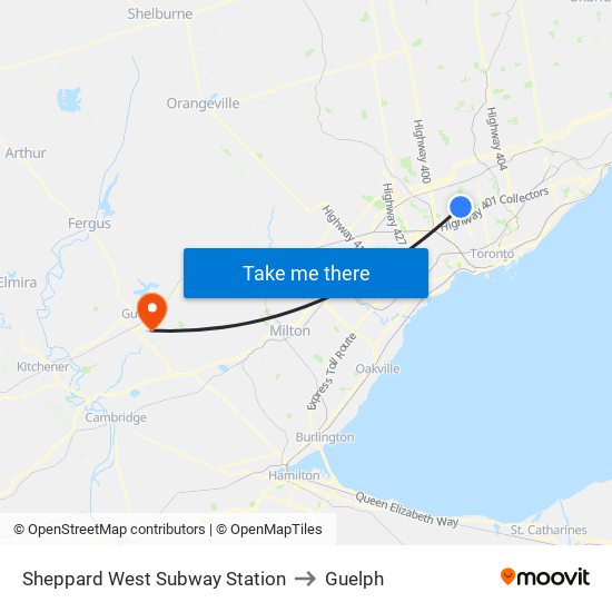 Sheppard West Subway Station to Guelph map