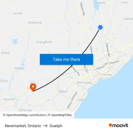 Newmarket, Ontario to Guelph map