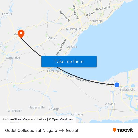 Outlet Collection at Niagara to Guelph map