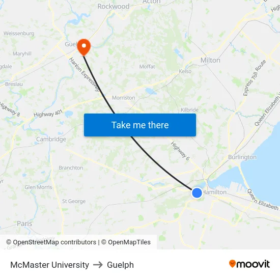 McMaster University to Guelph map