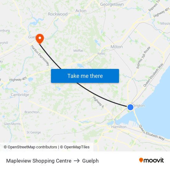 Mapleview Shopping Centre to Guelph map