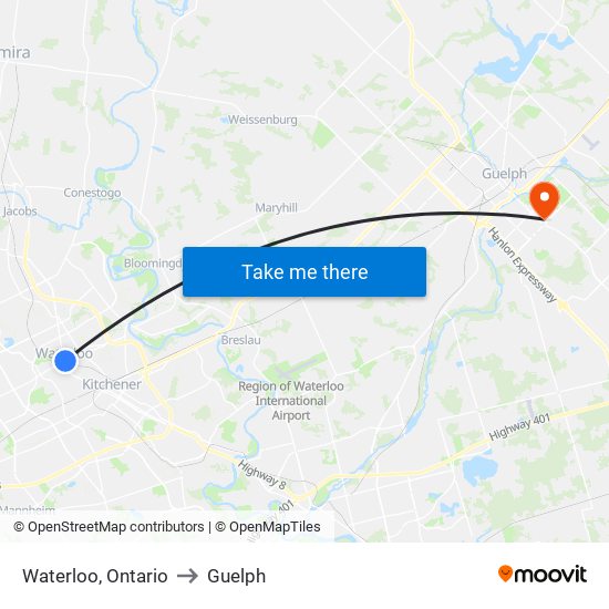 Waterloo, Ontario to Guelph map