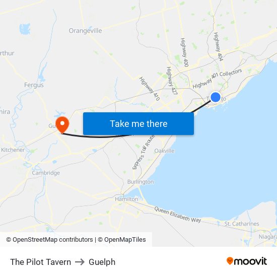 The Pilot Tavern to Guelph map