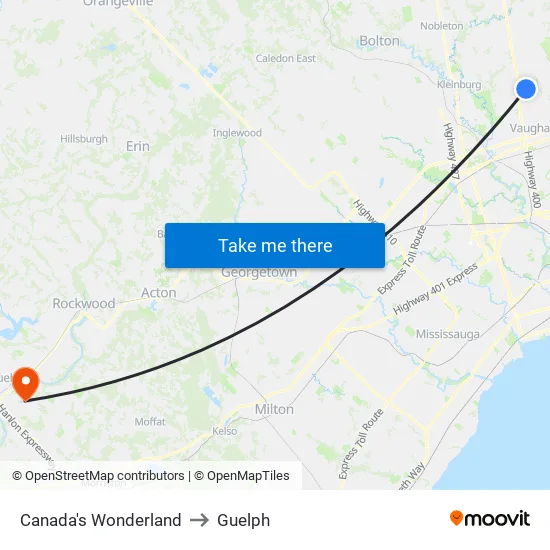 Canada's Wonderland to Guelph map