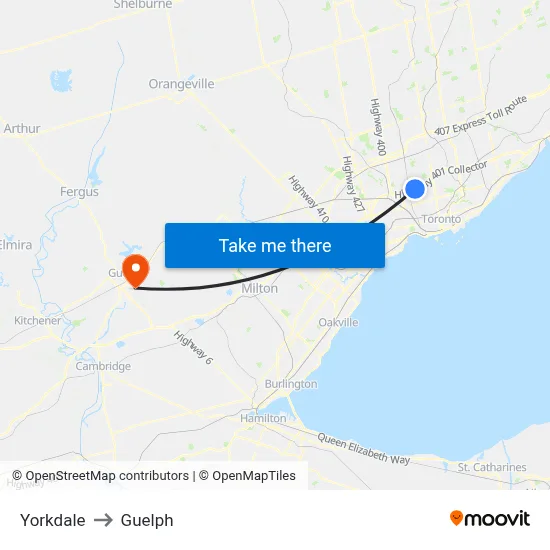 Yorkdale to Guelph map