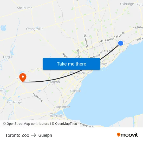 Toronto Zoo to Guelph map