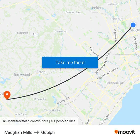 Vaughan Mills to Guelph map