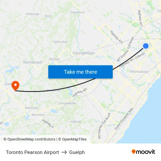 Toronto Pearson Airport to Guelph map